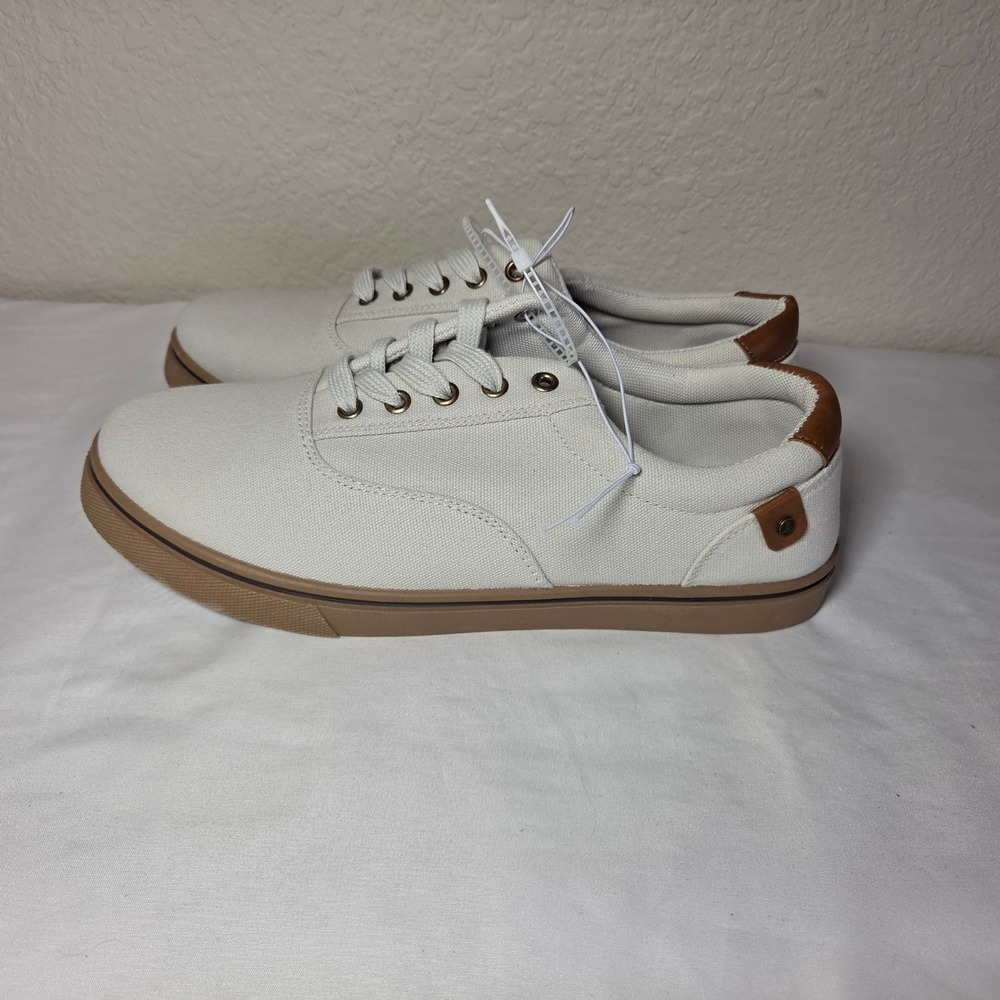 Lands End Mens Canvas Sneakers Cream White Brown Gum Sole Low Top 10.5 S1703